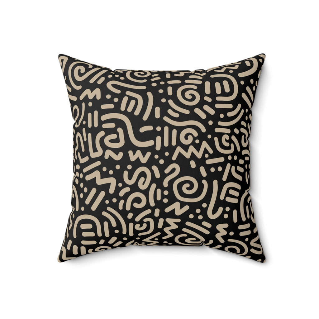 Abstract Tribal Pattern Square Pillow — Neutral Black & Beige Geometric Throw Cushion