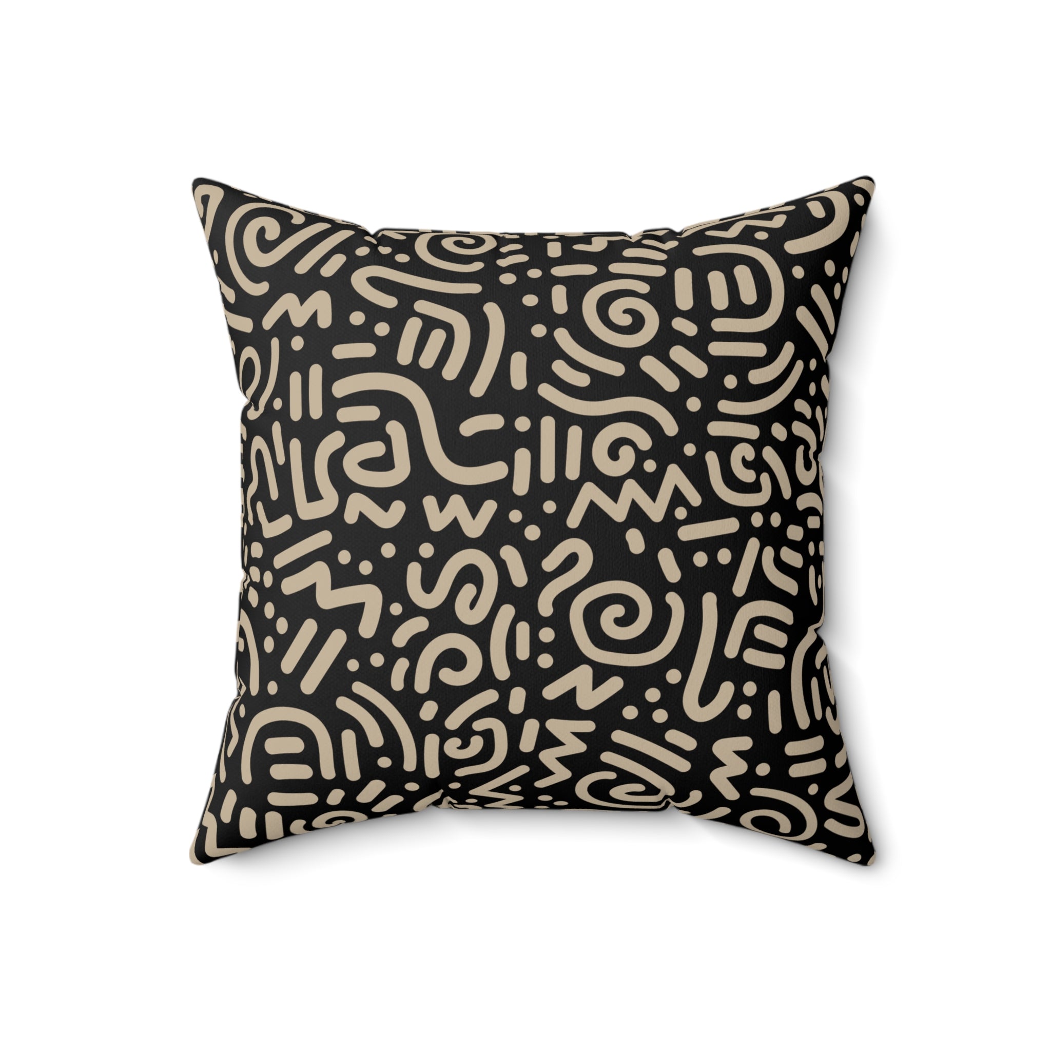Abstract Tribal Pattern Square Pillow — Neutral Black & Beige Geometric Throw Cushion