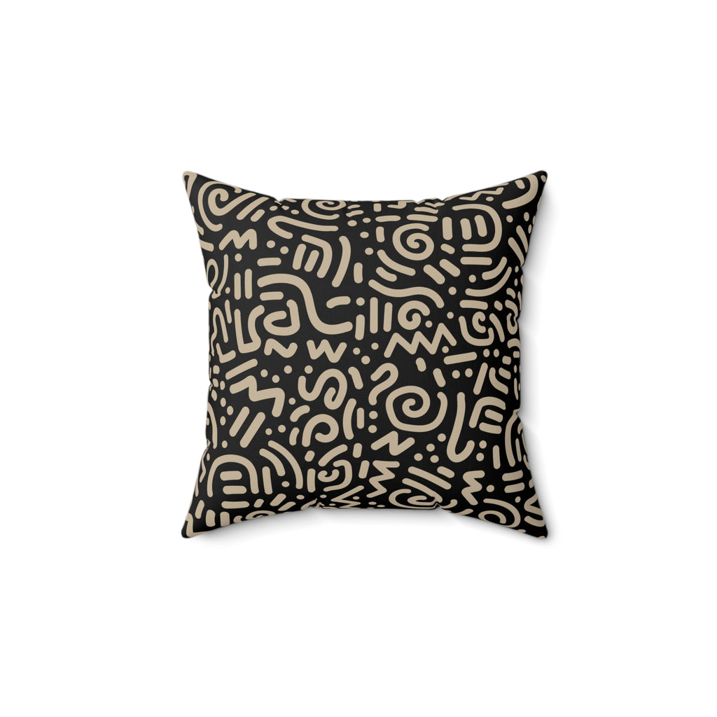 Abstract Tribal Pattern Square Pillow — Neutral Black & Beige Geometric Throw Cushion
