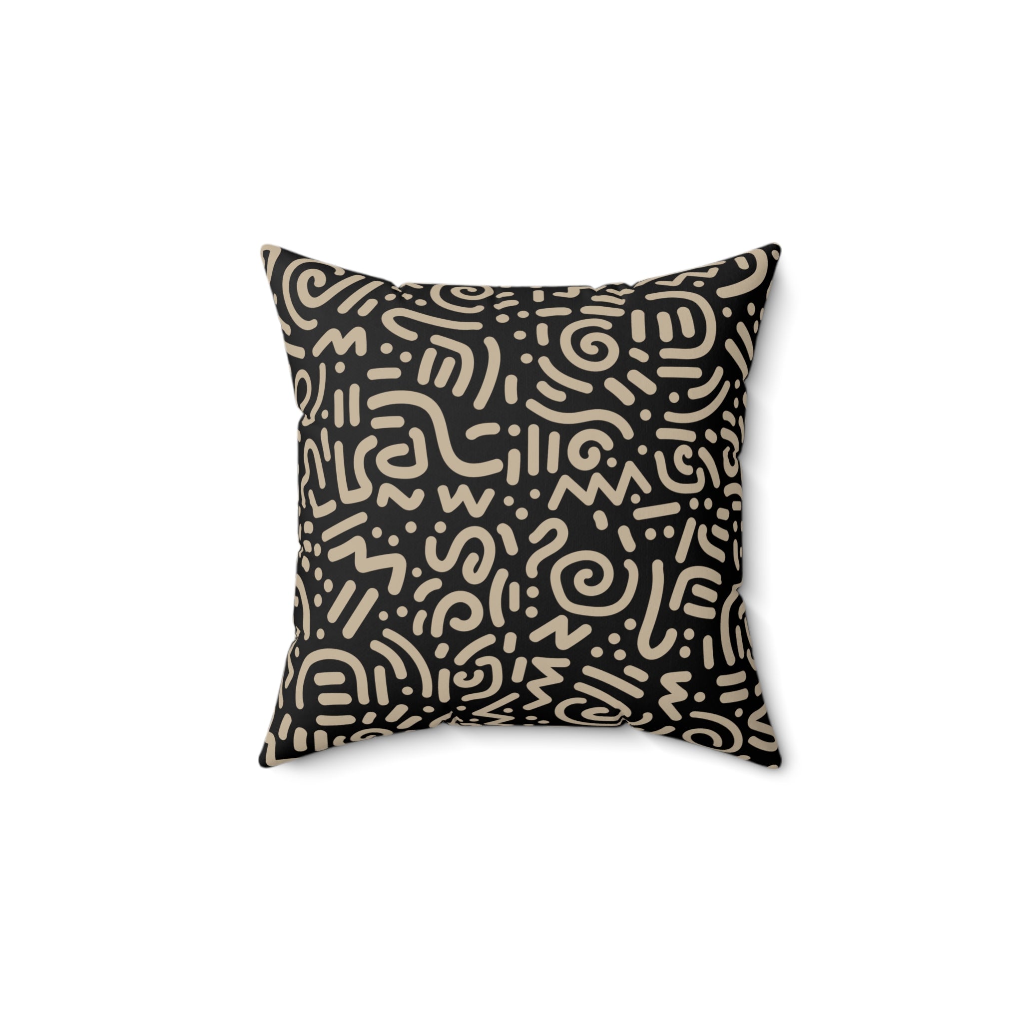 Abstract Tribal Pattern Square Pillow — Neutral Black & Beige Geometric Throw Cushion