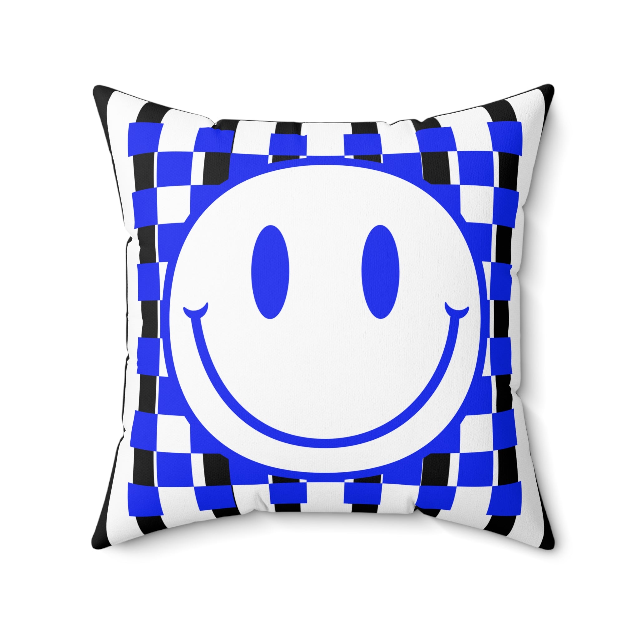 Blue Checker Smiley Pillow — Retro Happy Face Decorative Cushion
