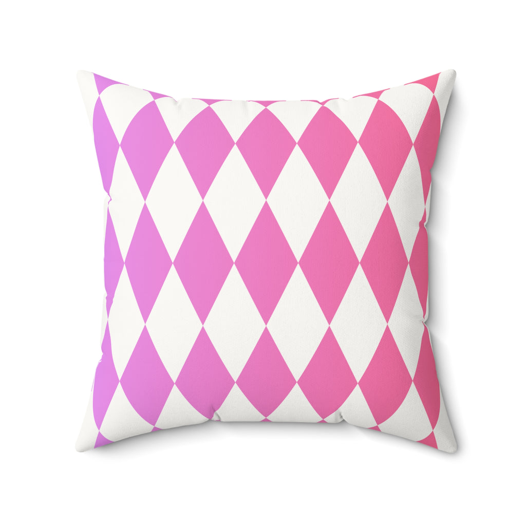 Pink Harlequin Faux Suede Pillow — Diamond Pattern Square Throw Pillow