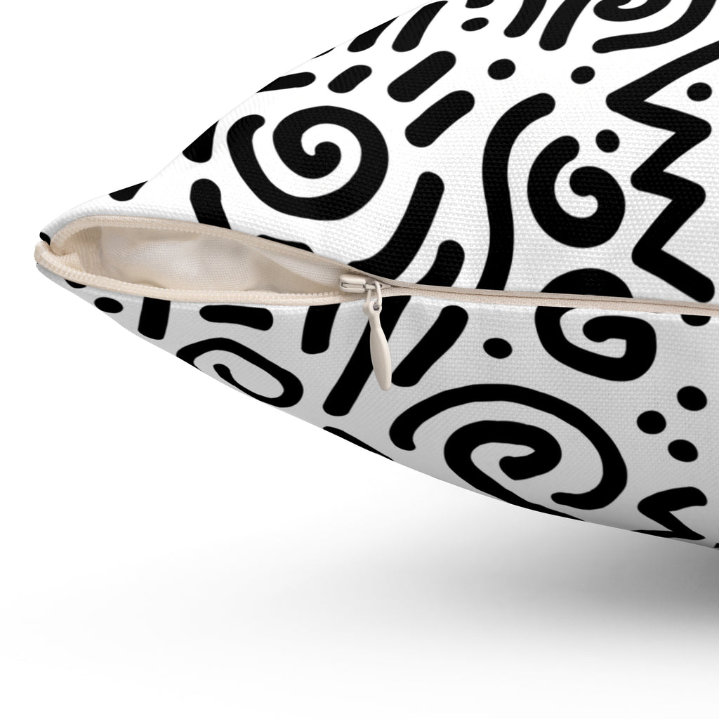 Abstract Black & White Doodle Square Pillow — Modern Geometric Throw Cushion
