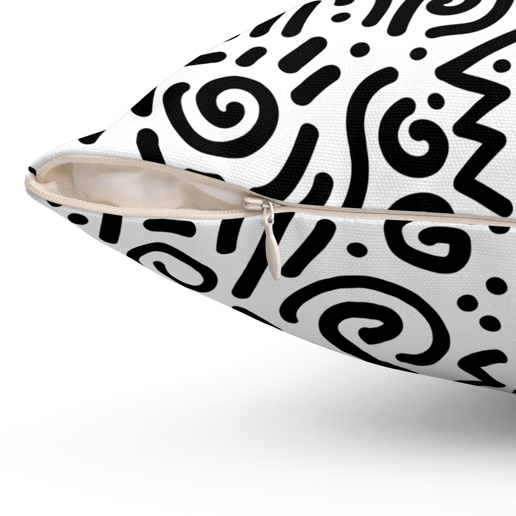 Abstract Black & White Doodle Square Pillow — Modern Geometric Throw Cushion