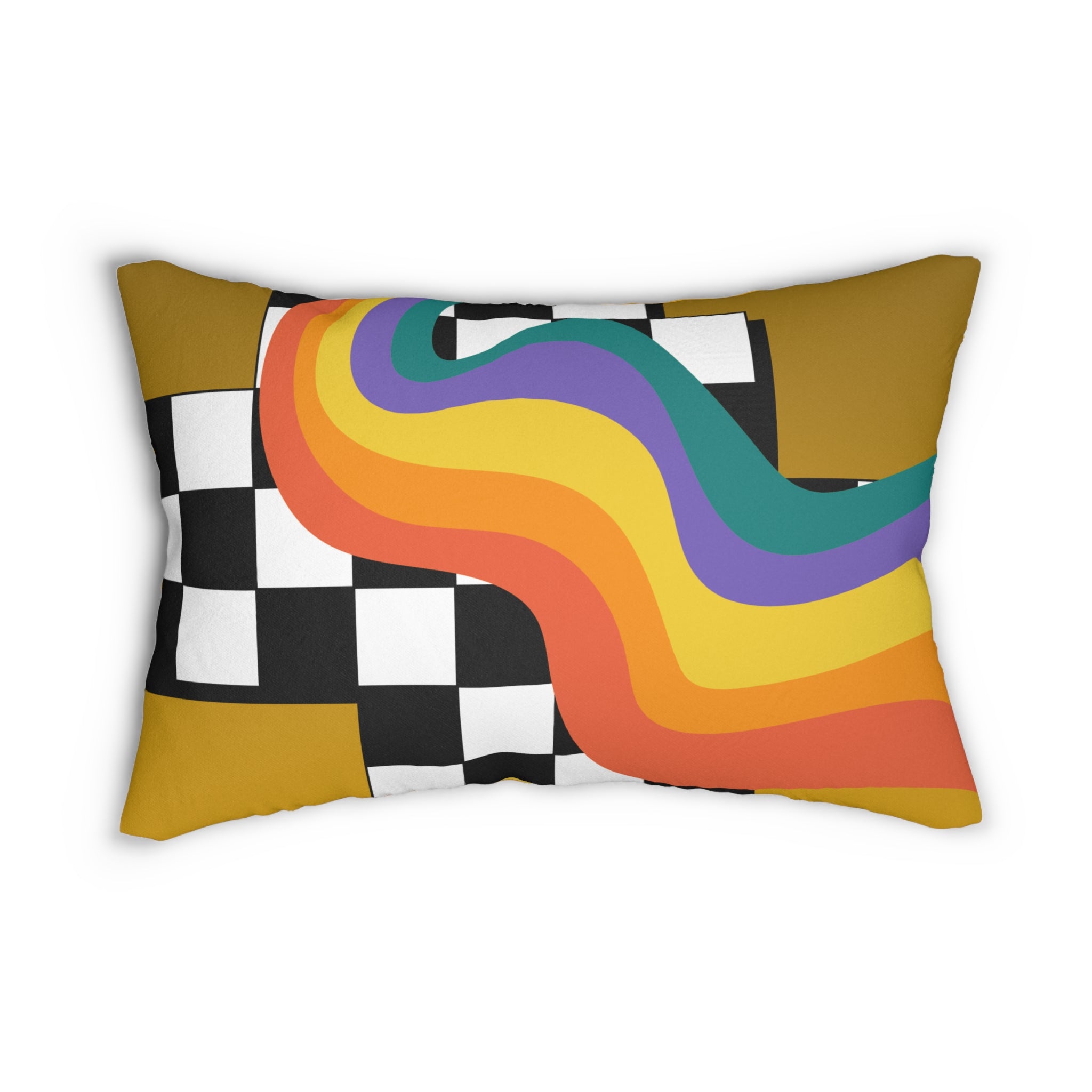 Retro Rainbow Wave Lumbar Pillow — Checkerboard Accent Cushion