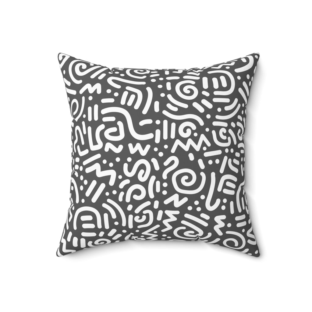 Abstract Doodle Square Pillow — Modern CHARCOAL GREY & White Geometric Throw Pillow