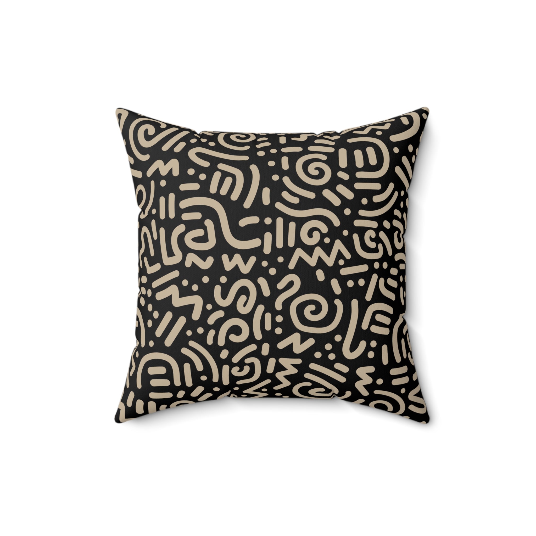 Abstract Tribal Pattern Square Pillow — Neutral Black & Beige Geometric Throw Cushion