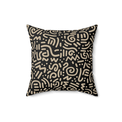 Abstract Tribal Pattern Square Pillow — Neutral Black & Beige Geometric Throw Cushion
