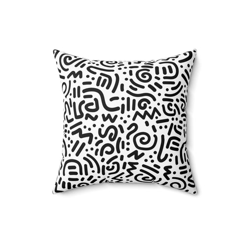 Abstract Black & White Doodle Square Pillow — Modern Geometric Throw Cushion