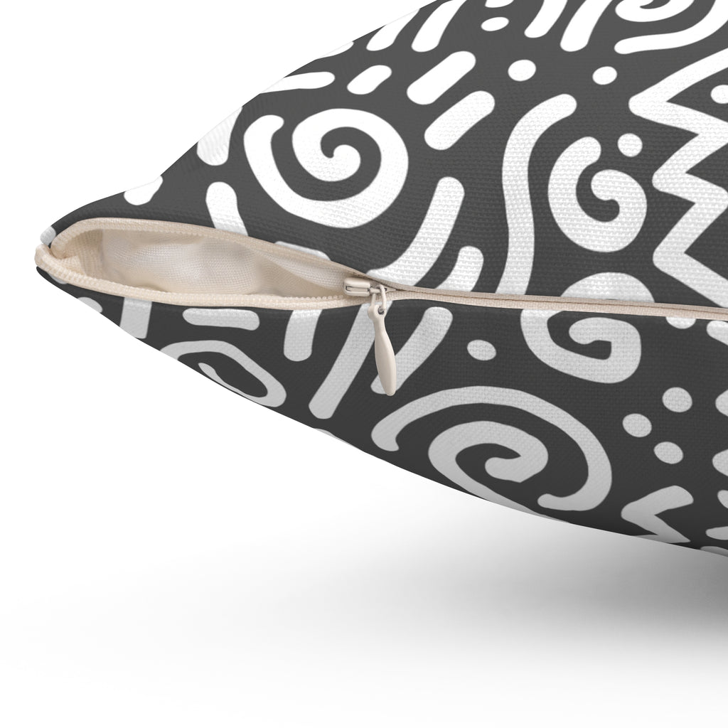 Abstract Doodle Square Pillow — Modern CHARCOAL GREY & White Geometric Throw Pillow