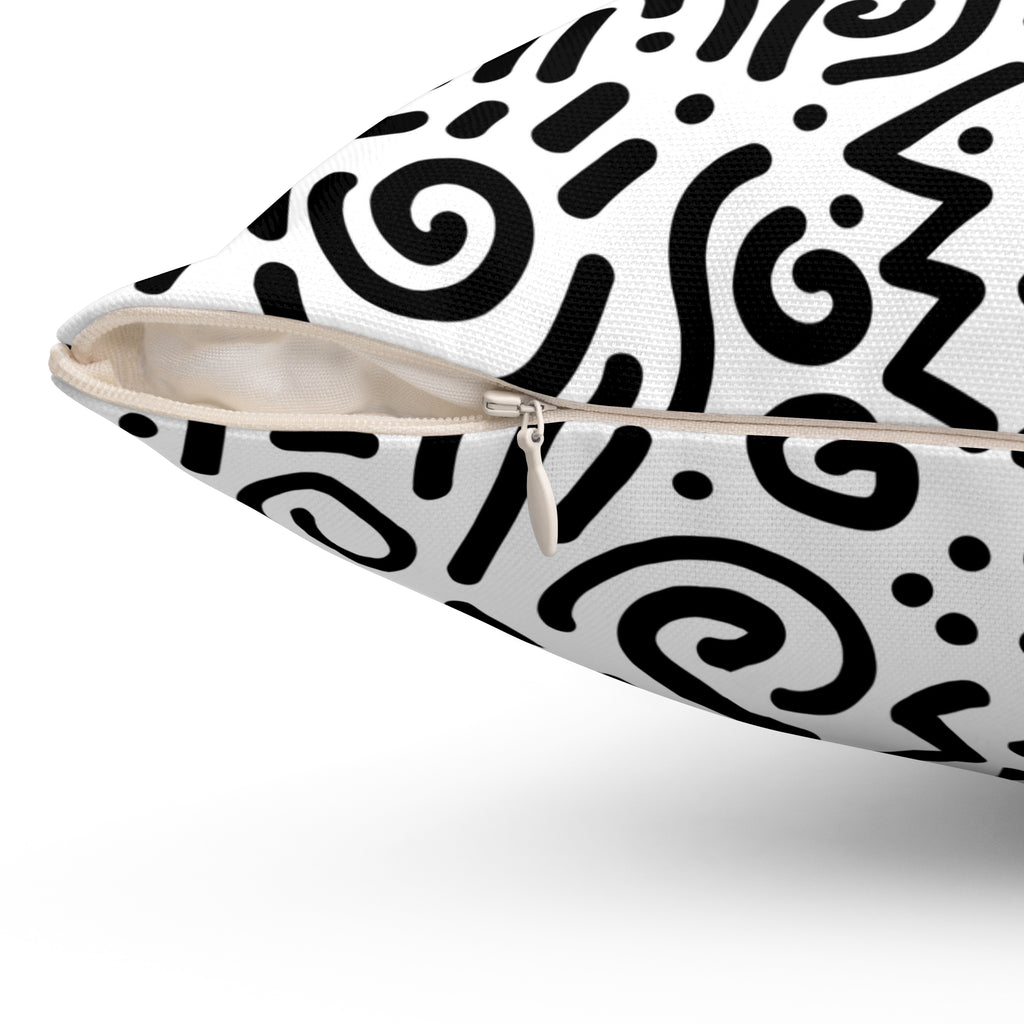 Abstract Black & White Doodle Square Pillow — Modern Geometric Throw Cushion
