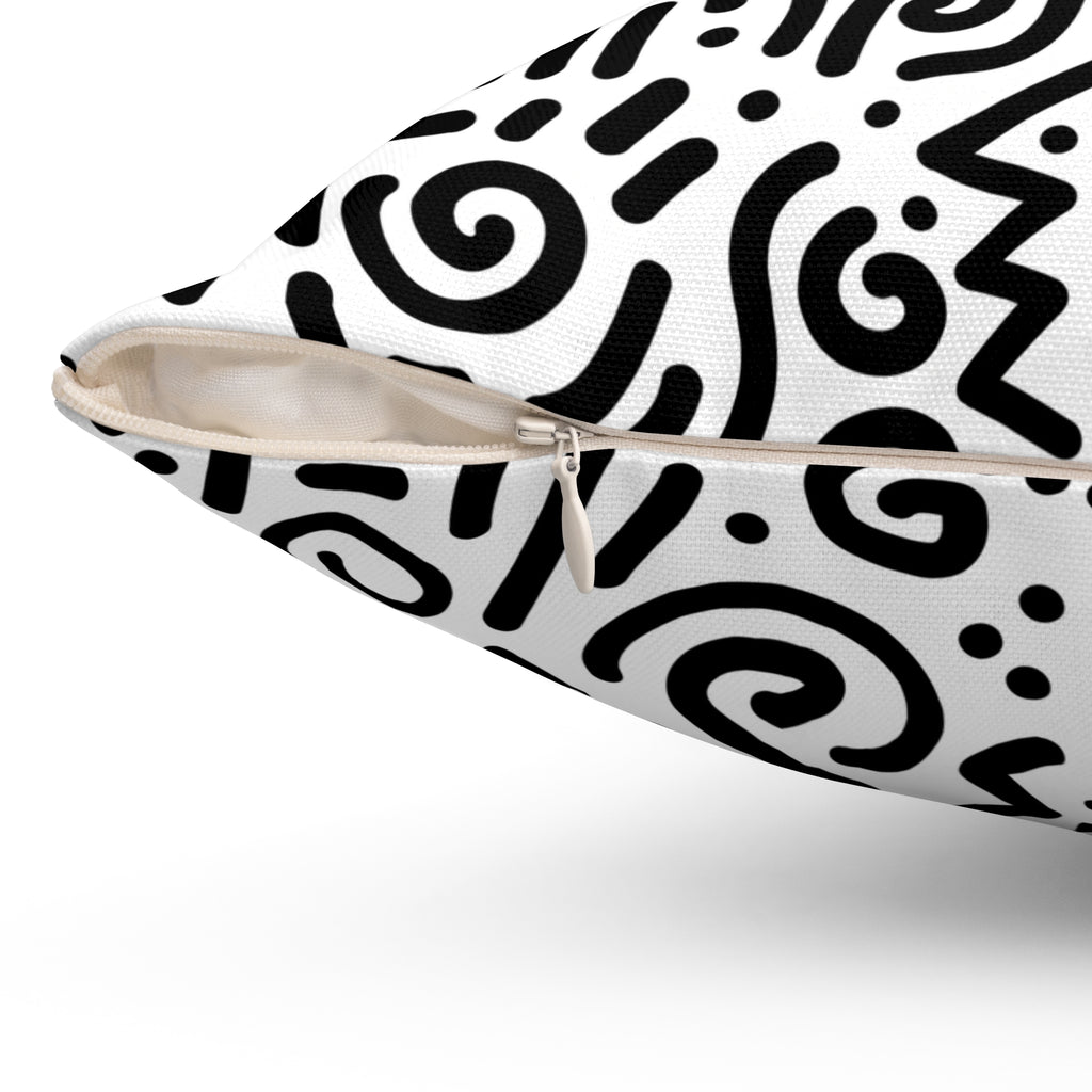 Abstract Black & White Doodle Square Pillow — Modern Geometric Throw Cushion