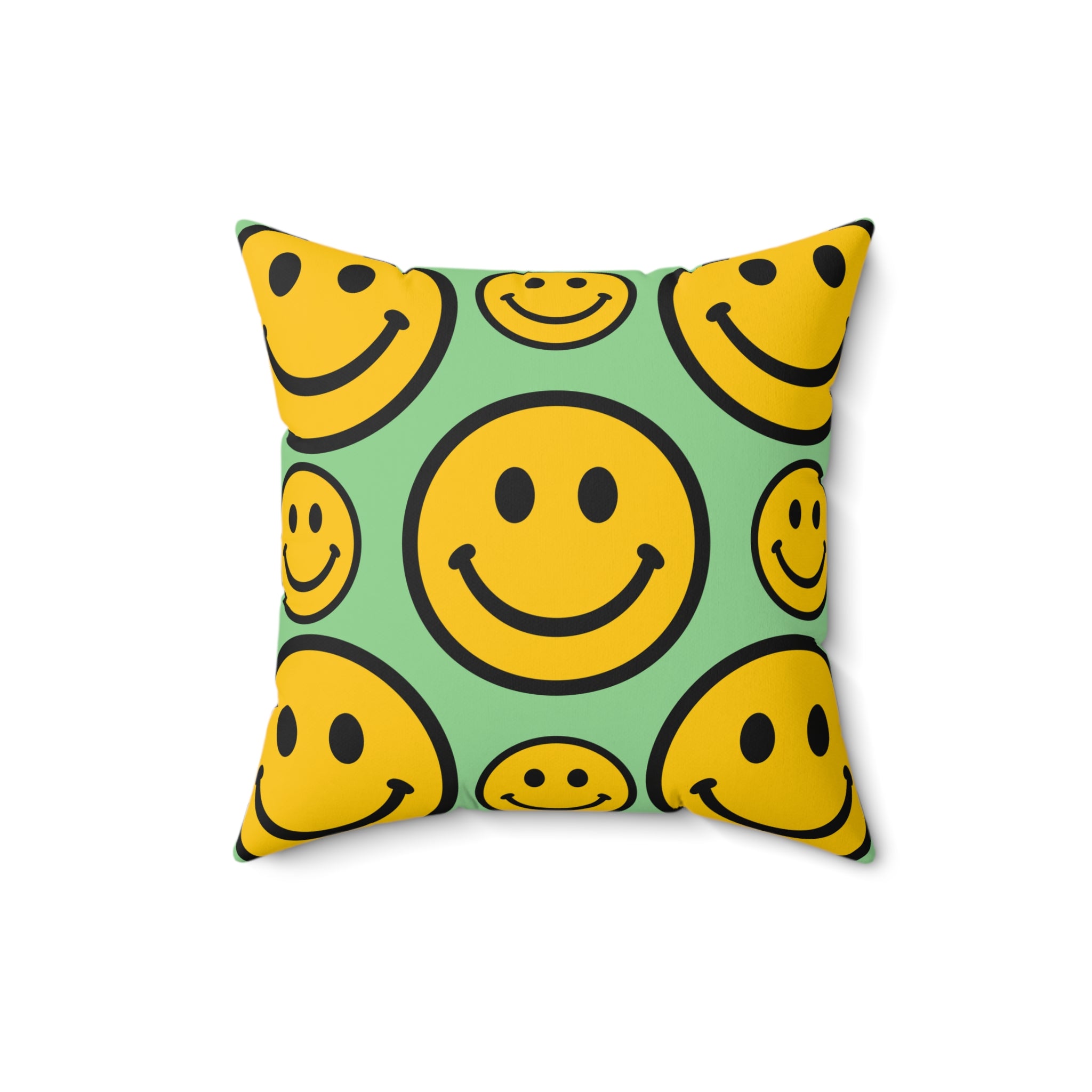 Smiley Face Pattern Faux Suede Square Pillow | Yellow Smiley on Mint Background