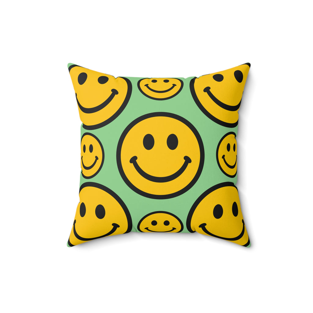 Smiley Face Pattern Faux Suede Square Pillow | Yellow Smiley on Mint Background