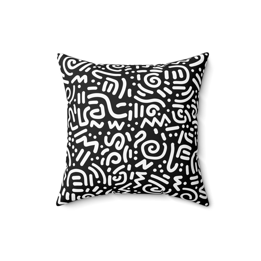 Black & White Doodle Pattern Throw Pillow — Modern Abstract Square Cushion