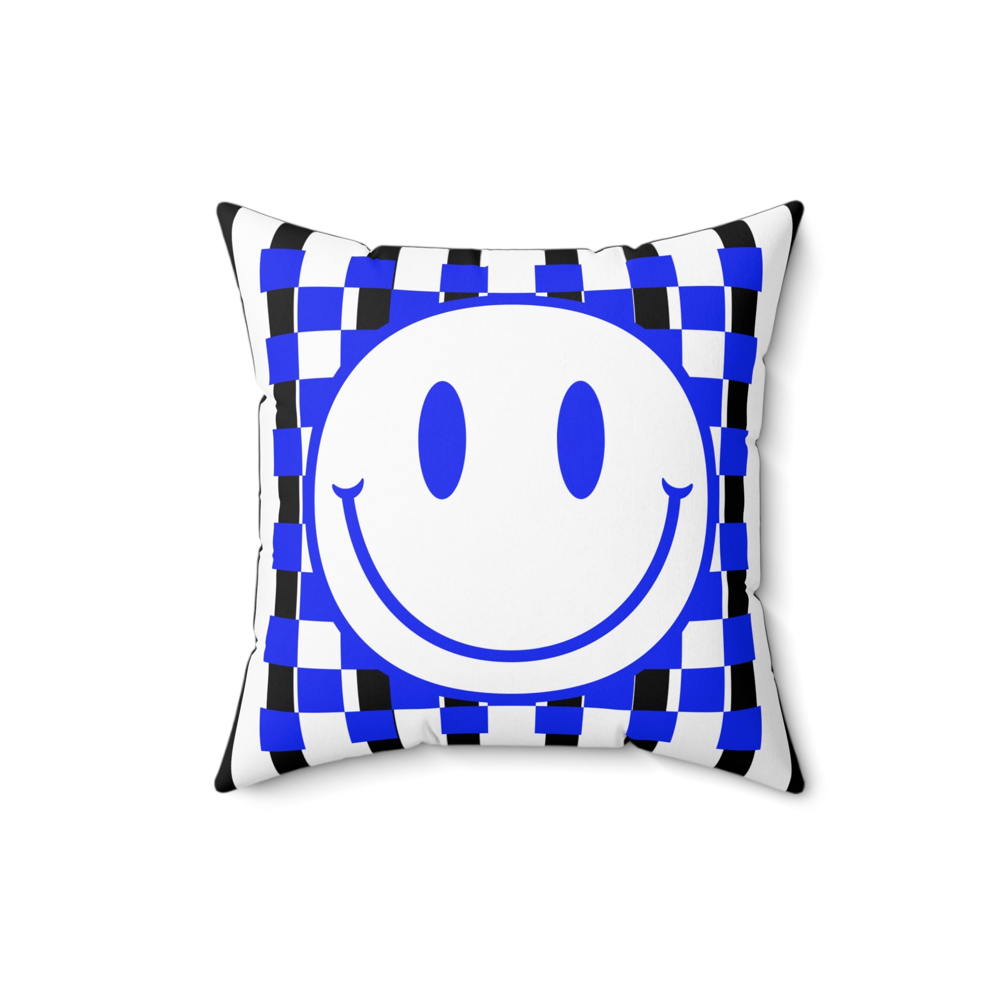 Blue Checker Smiley Pillow — Retro Happy Face Decorative Cushion