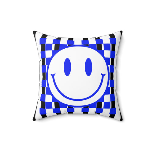 Blue Checker Smiley Pillow — Retro Happy Face Decorative Cushion