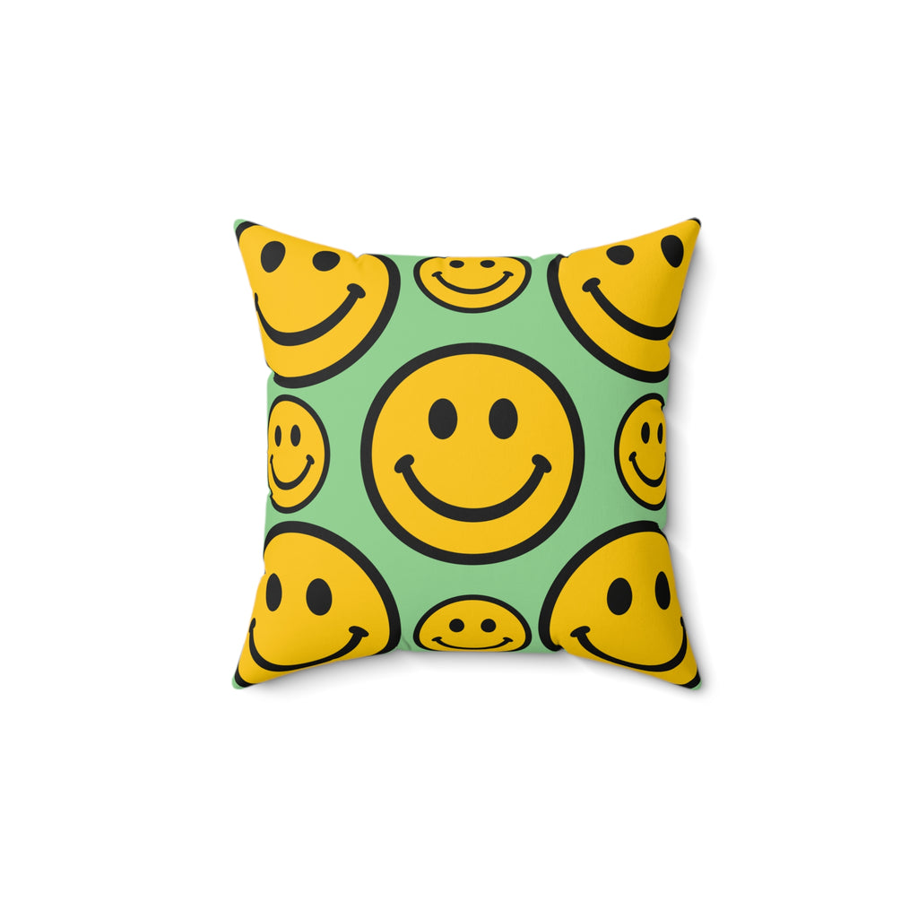 Smiley Face Pattern Faux Suede Square Pillow | Yellow Smiley on Mint Background