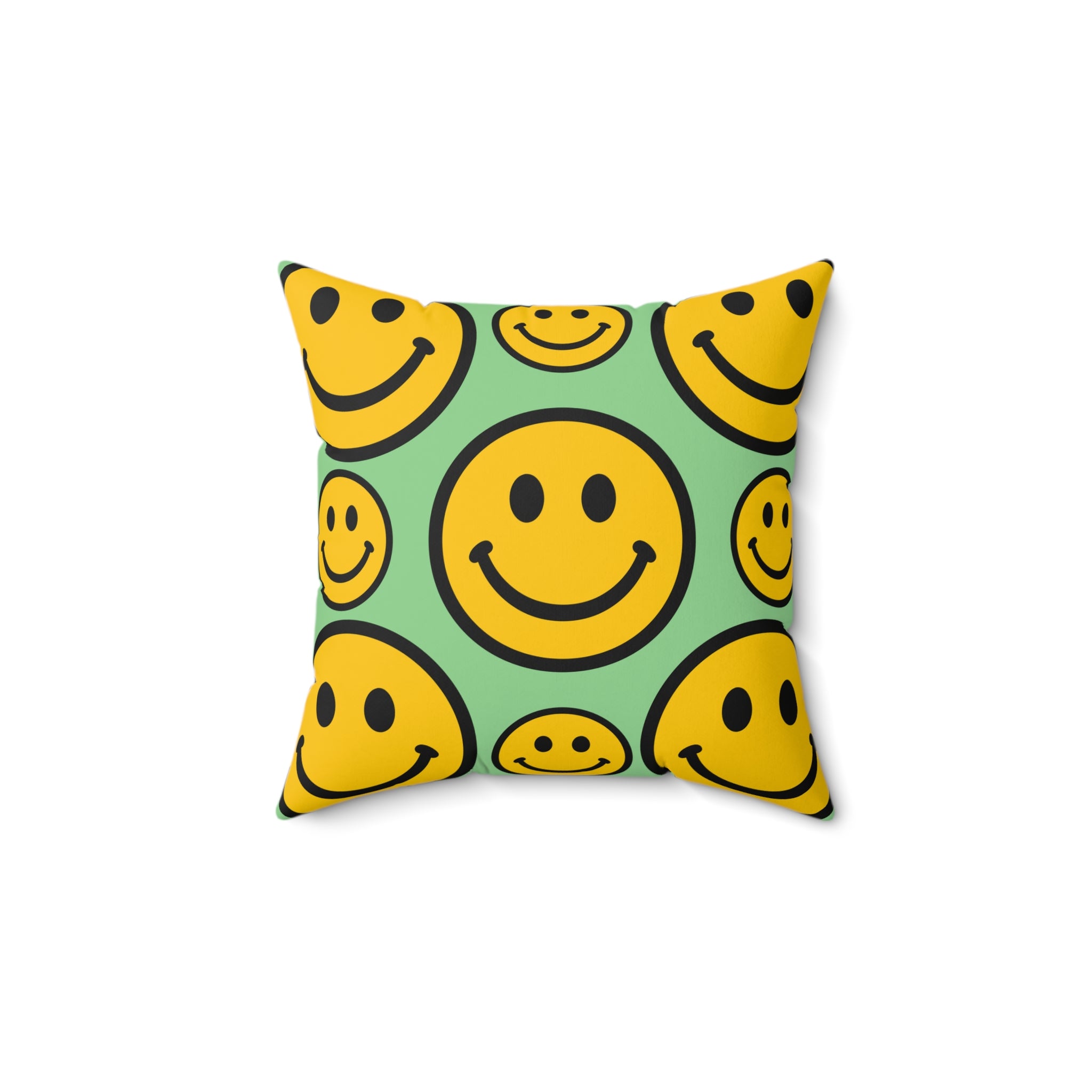 Smiley Face Pattern Faux Suede Square Pillow | Yellow Smiley on Mint Background