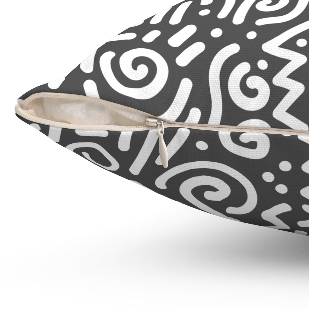Abstract Doodle Square Pillow — Modern CHARCOAL GREY & White Geometric Throw Pillow