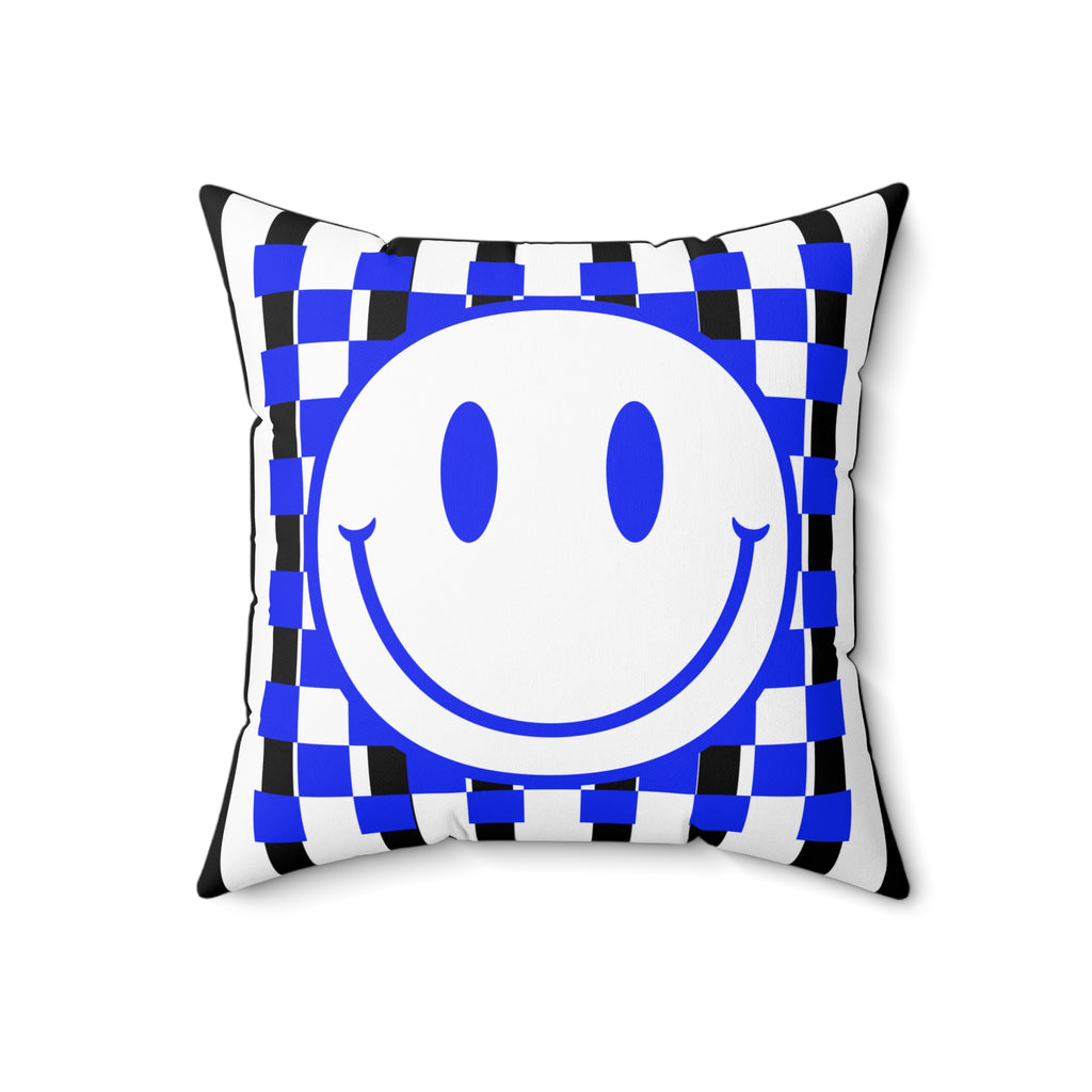 Blue Checker Smiley Pillow — Retro Happy Face Decorative Cushion