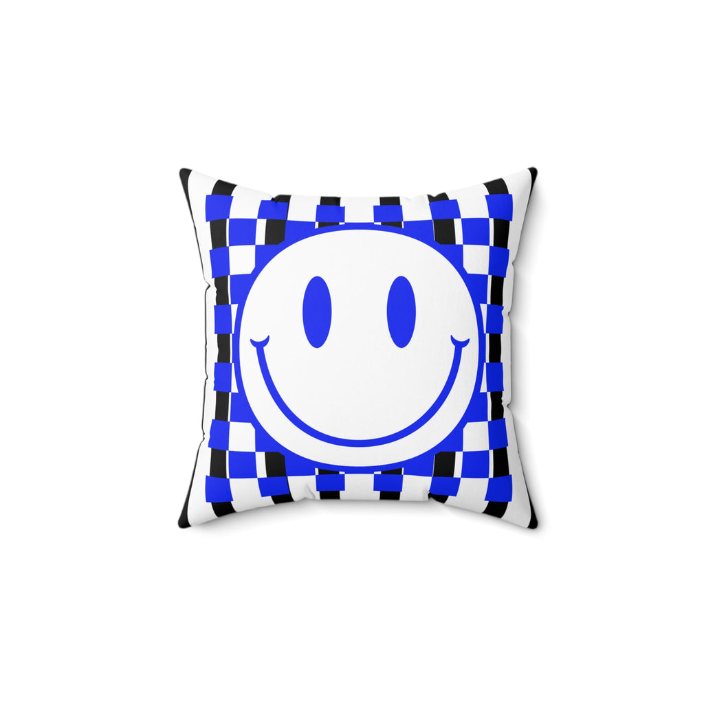 Blue Checker Smiley Pillow — Retro Happy Face Decorative Cushion