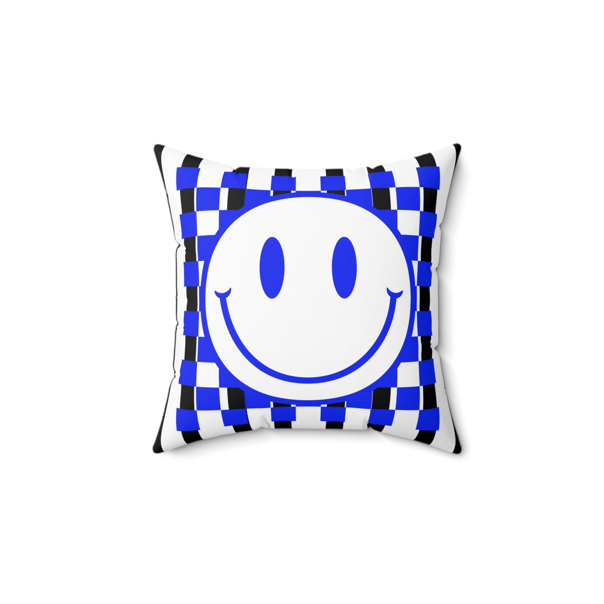 Blue Checker Smiley Pillow — Retro Happy Face Decorative Cushion
