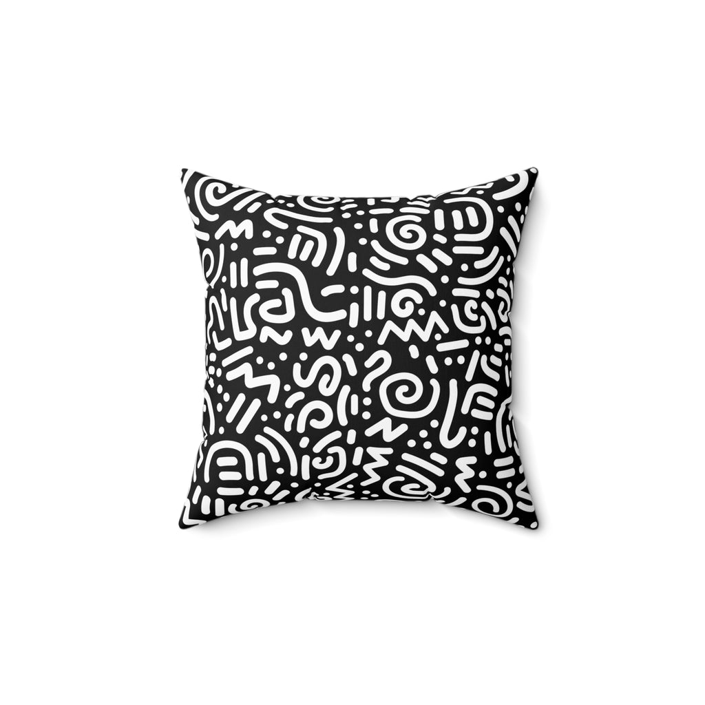 Black & White Doodle Pattern Throw Pillow — Modern Abstract Square Cushion