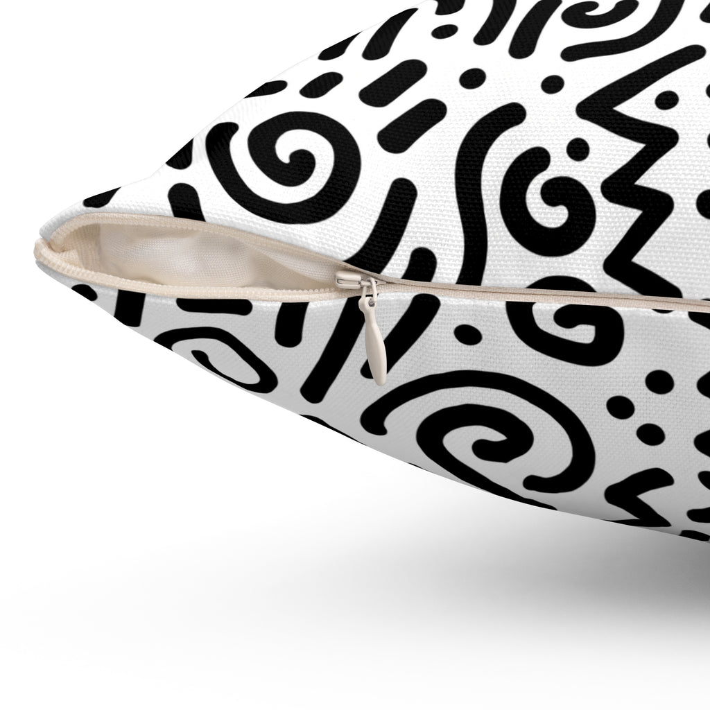 Abstract Black & White Doodle Square Pillow — Modern Geometric Throw Cushion