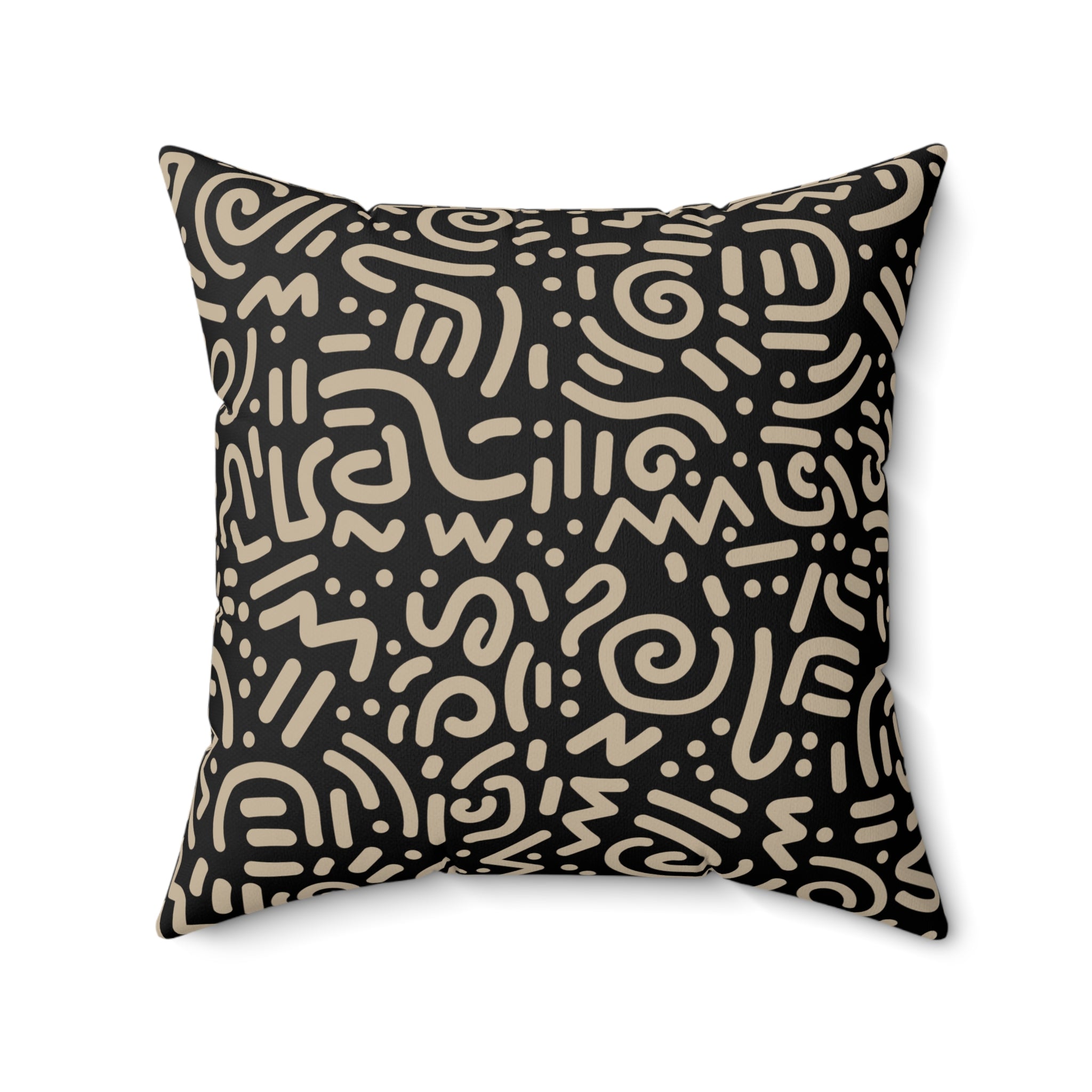 Abstract Tribal Pattern Square Pillow — Neutral Black & Beige Geometric Throw Cushion