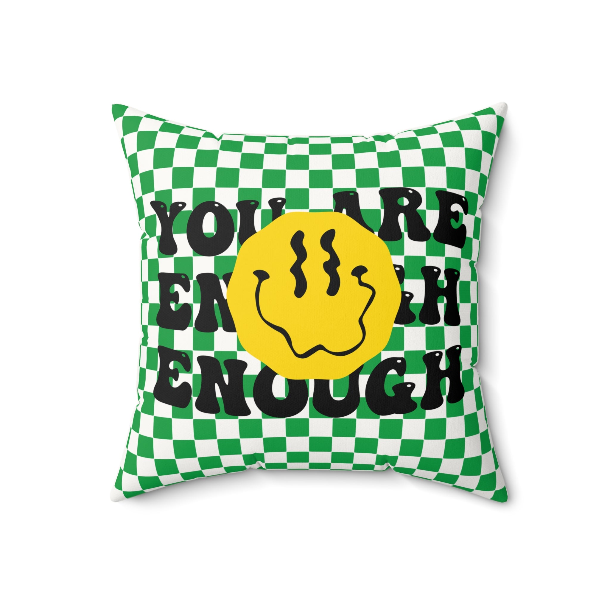 Square Pillow — Green Check 'You’re Enough' Smiley Accent Pillow