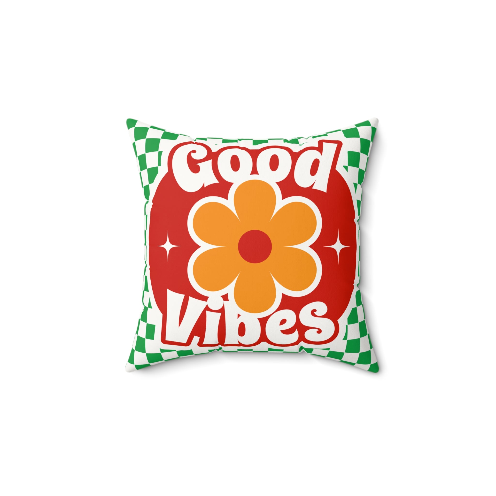 Good Vibes Floral Pillow — Retro Checkerboard Faux Suede Throw Pillow