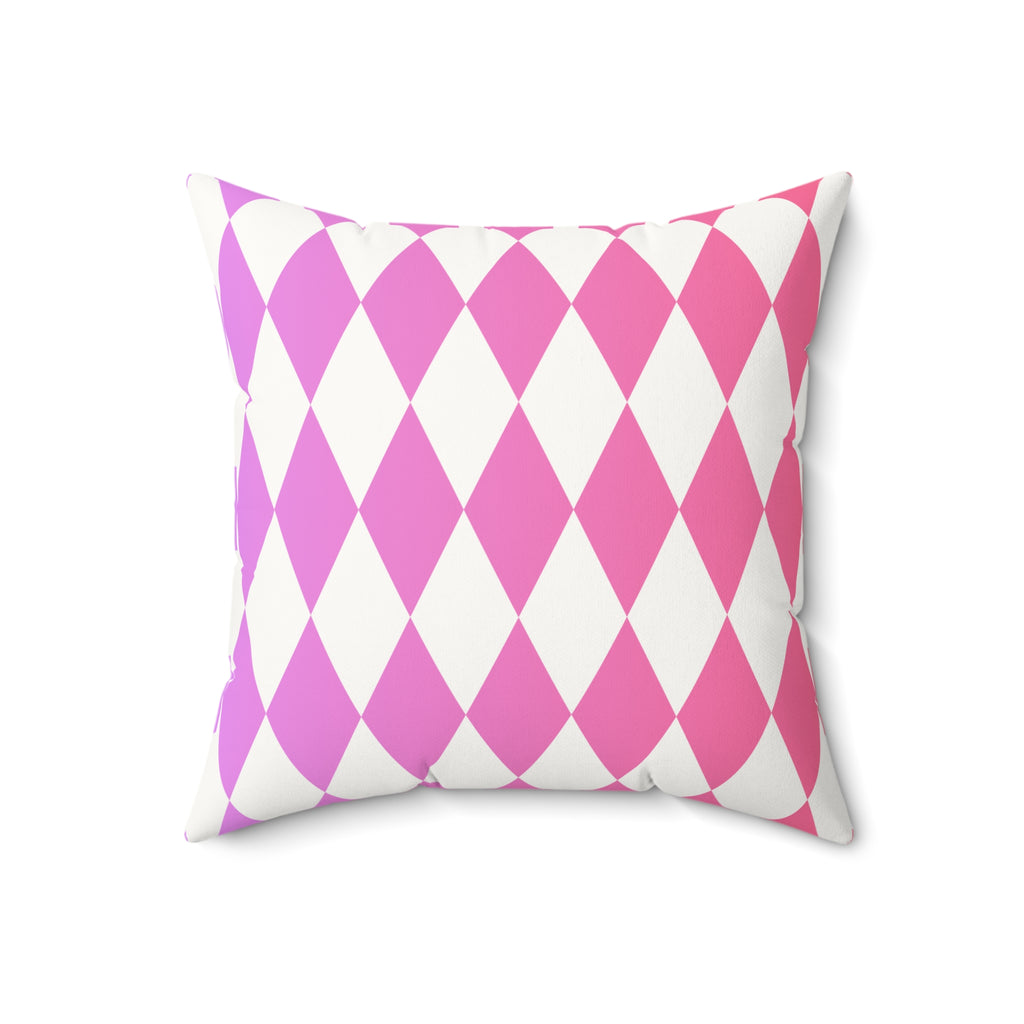 Pink Harlequin Faux Suede Pillow — Diamond Pattern Square Throw Pillow