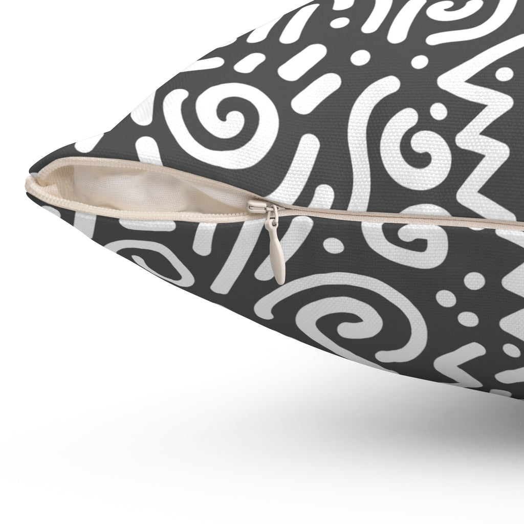 Abstract Doodle Square Pillow — Modern CHARCOAL GREY & White Geometric Throw Pillow