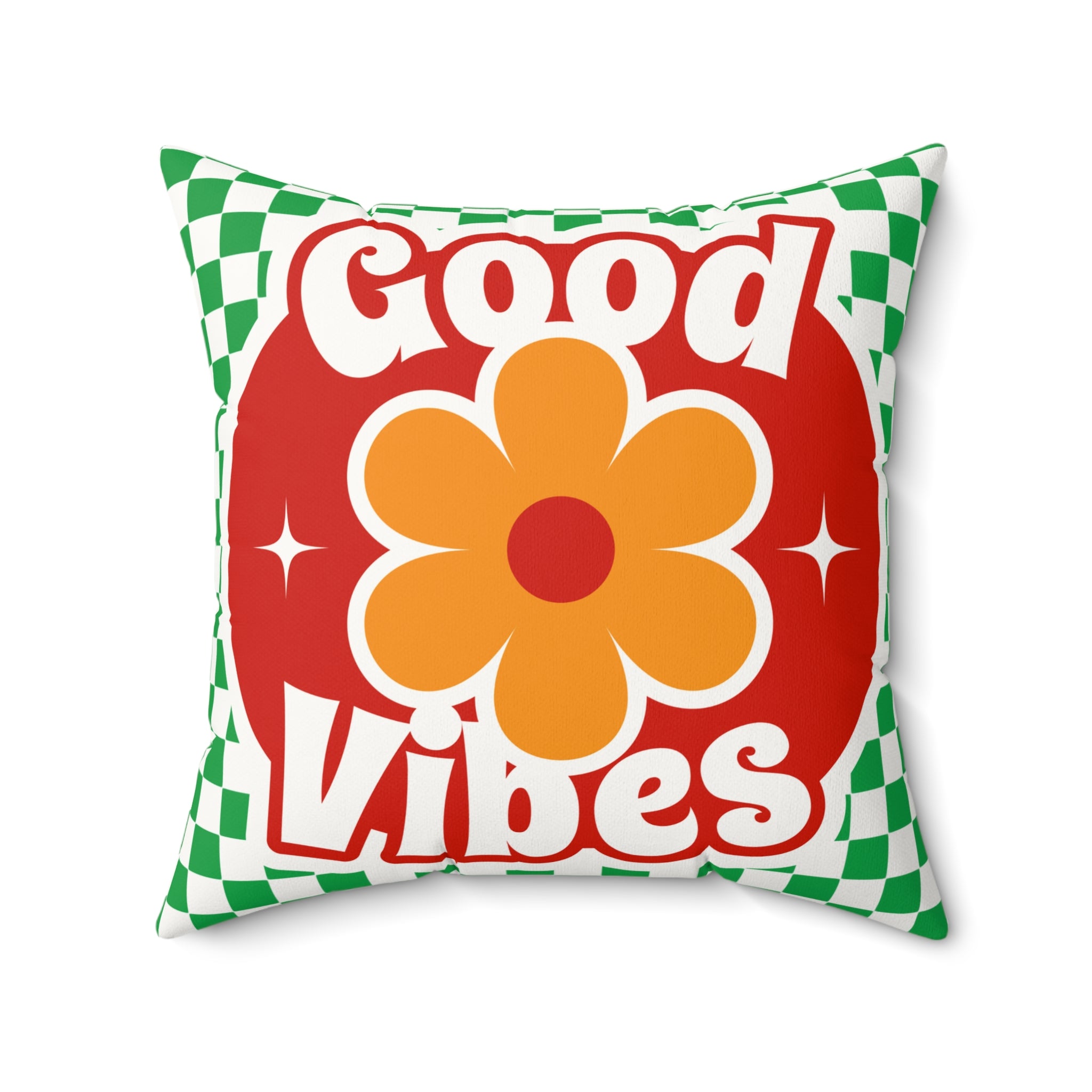 Good Vibes Floral Pillow — Retro Checkerboard Faux Suede Throw Pillow