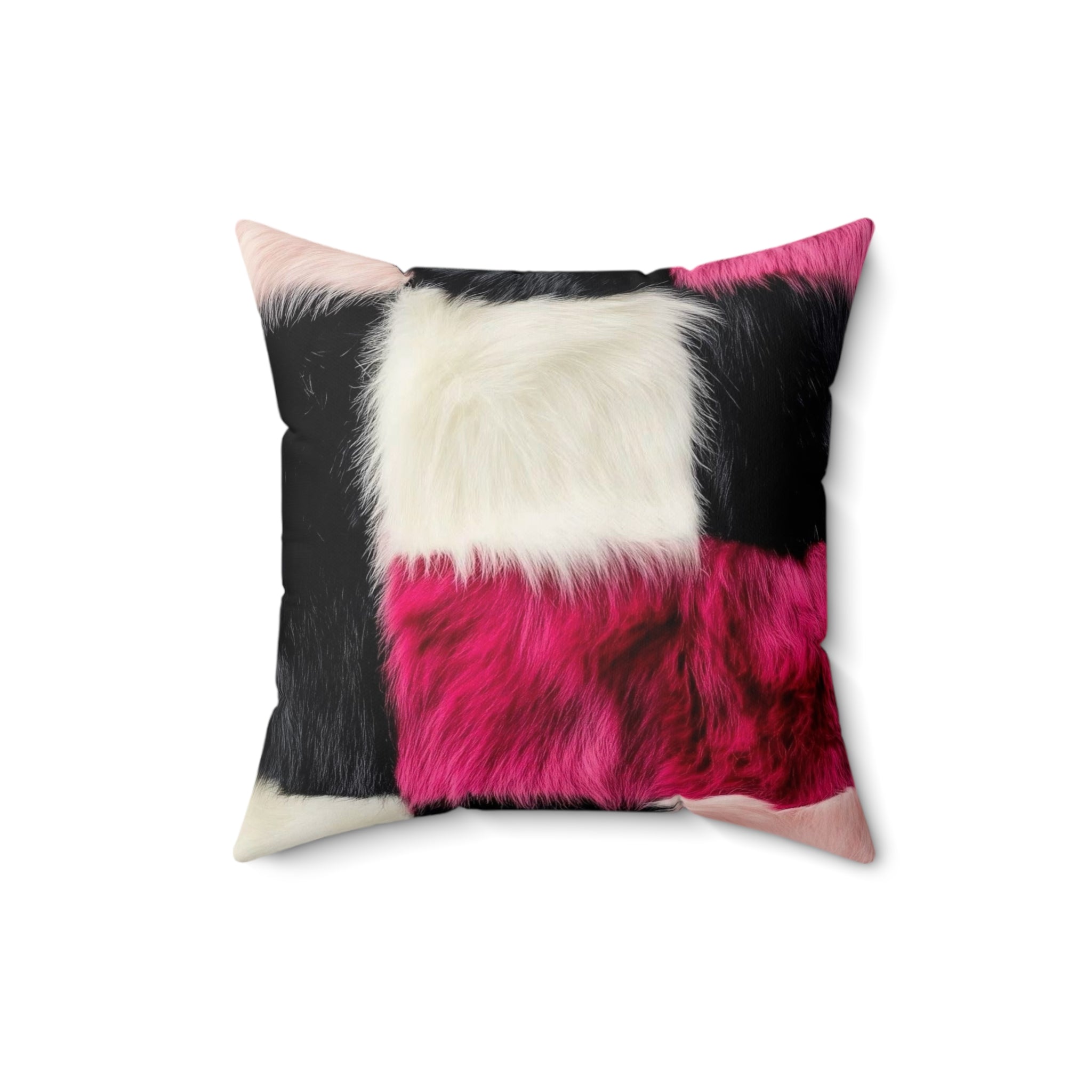 Faux Fur Patchwork Pillow — Pink Black White Decorative Throw Pillow