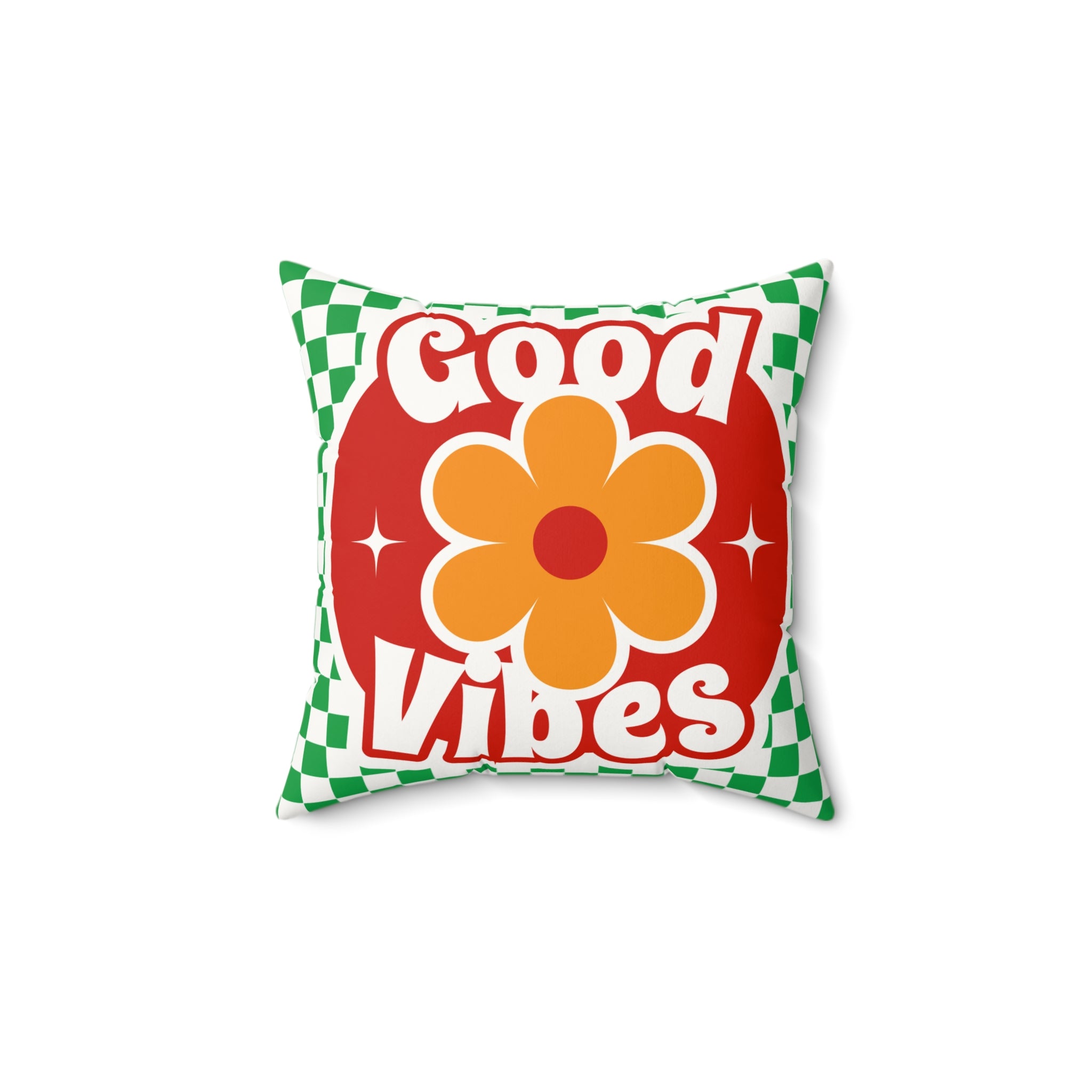 Good Vibes Floral Pillow — Retro Checkerboard Faux Suede Throw Pillow