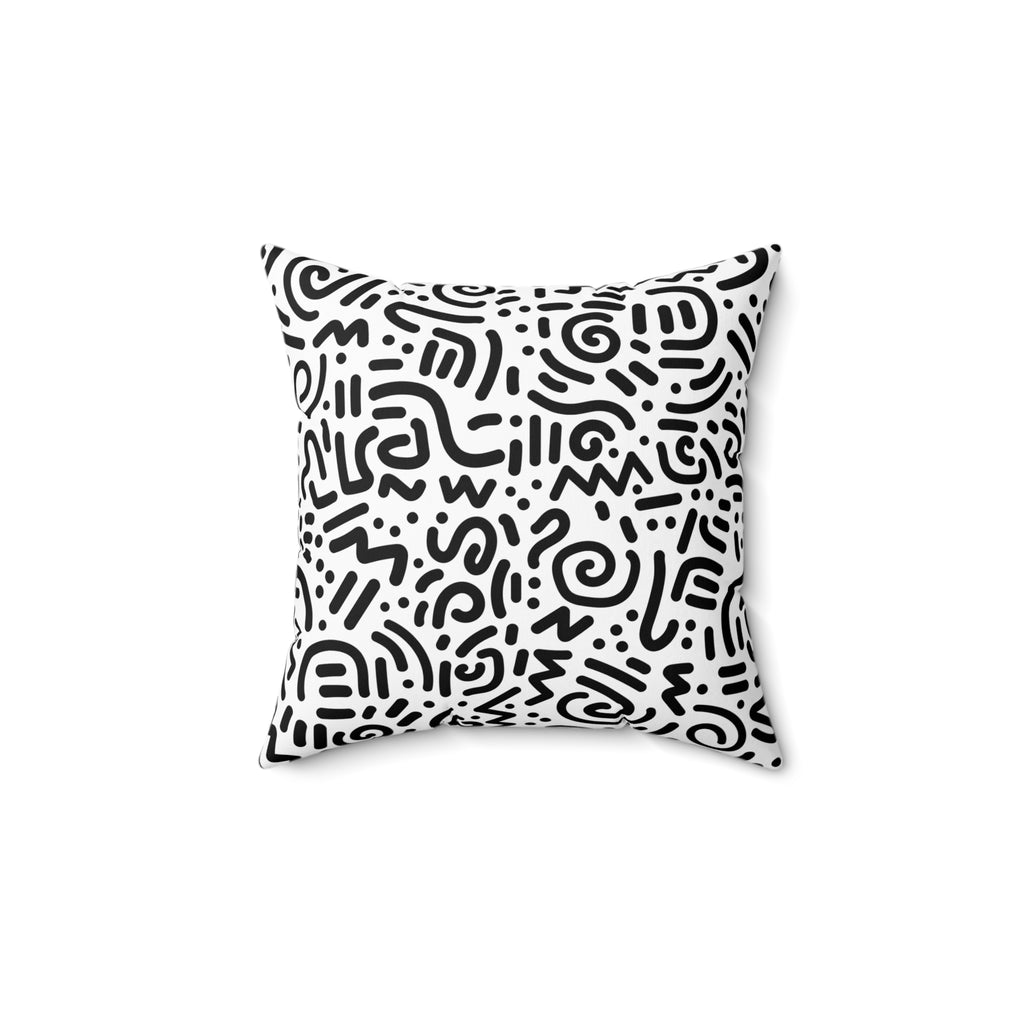Abstract Black & White Doodle Square Pillow — Modern Geometric Throw Cushion