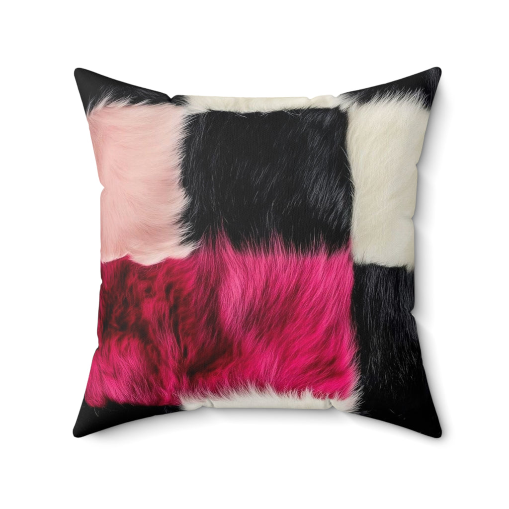 Faux Fur Patchwork Pillow — Pink Black White Decorative Throw Pillow
