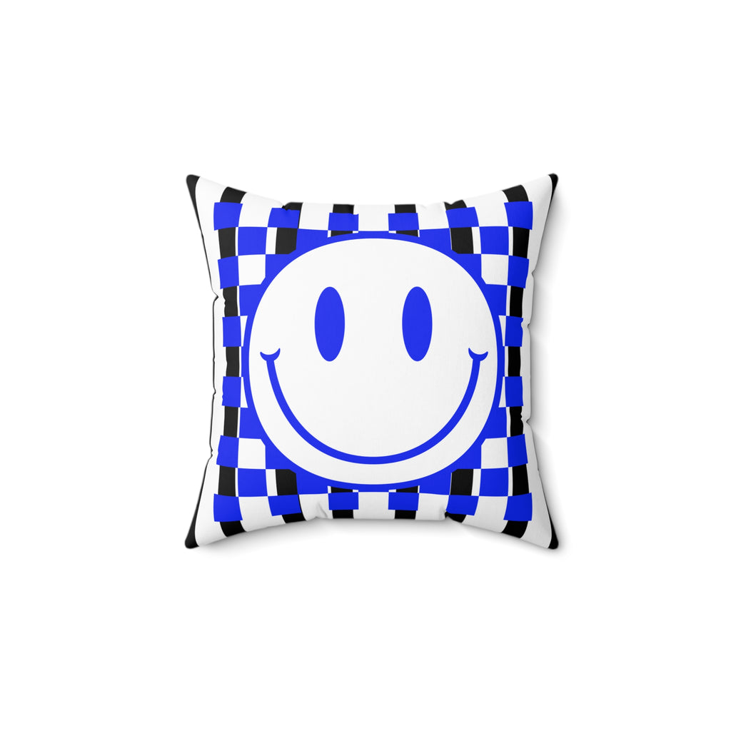 Blue Checker Smiley Pillow — Retro Happy Face Decorative Cushion