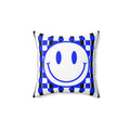 Blue Checker Smiley Pillow — Retro Happy Face Decorative Cushion