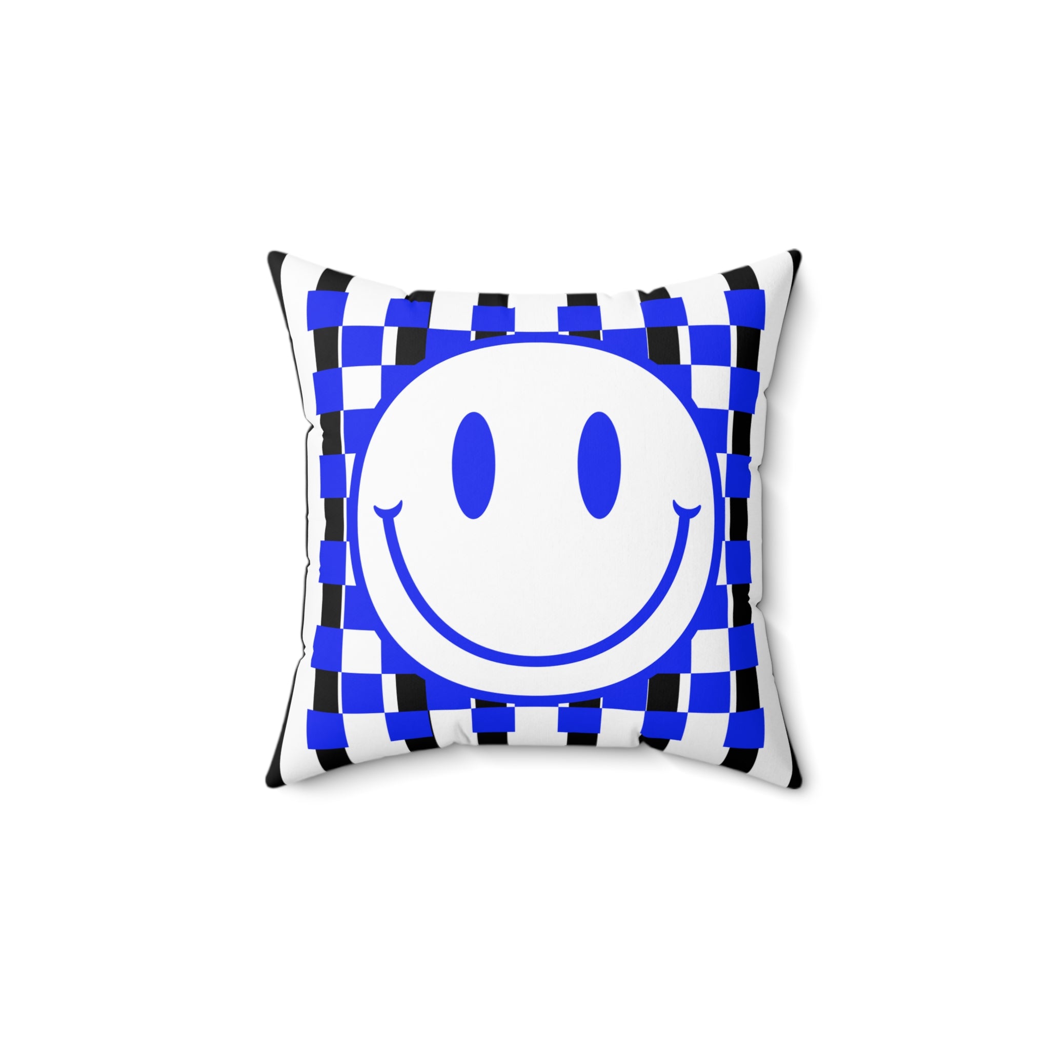 Blue Checker Smiley Pillow — Retro Happy Face Decorative Cushion
