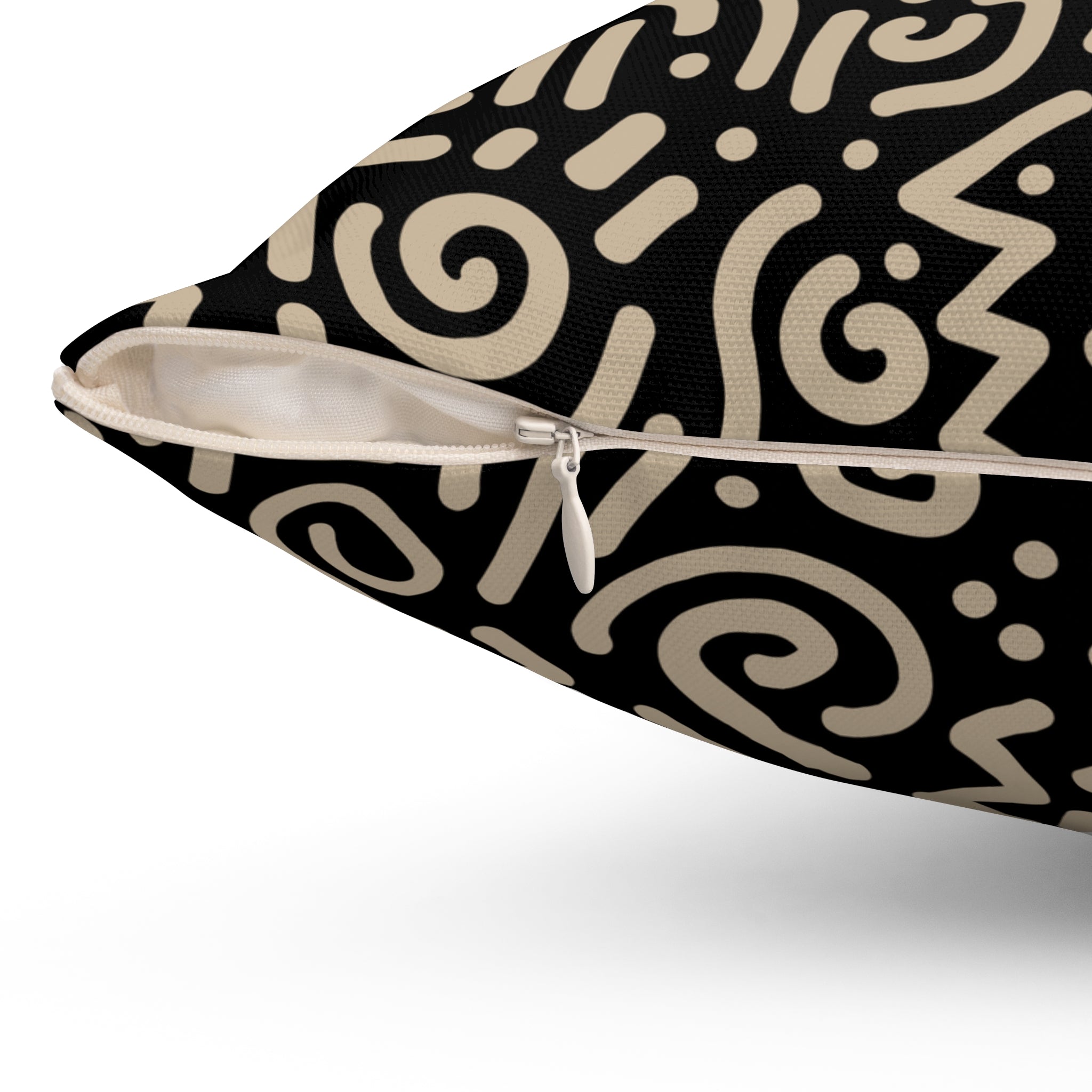 Abstract Tribal Pattern Square Pillow — Neutral Black & Beige Geometric Throw Cushion