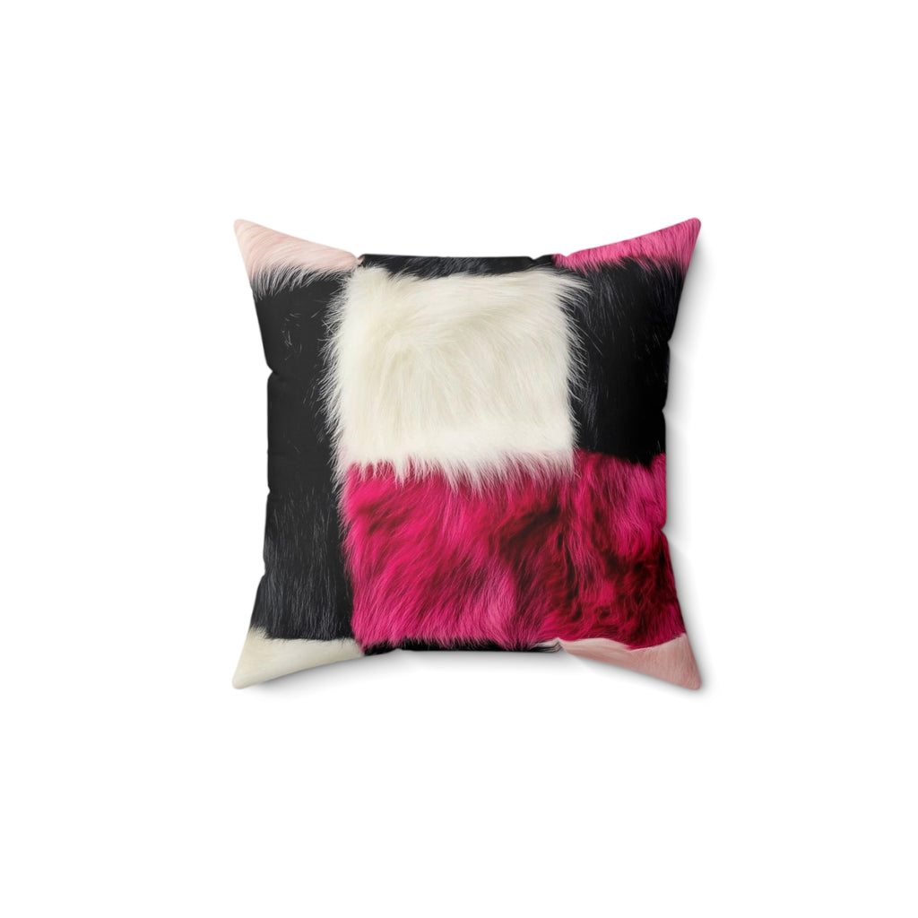 Faux Fur Patchwork Pillow — Pink Black White Decorative Throw Pillow