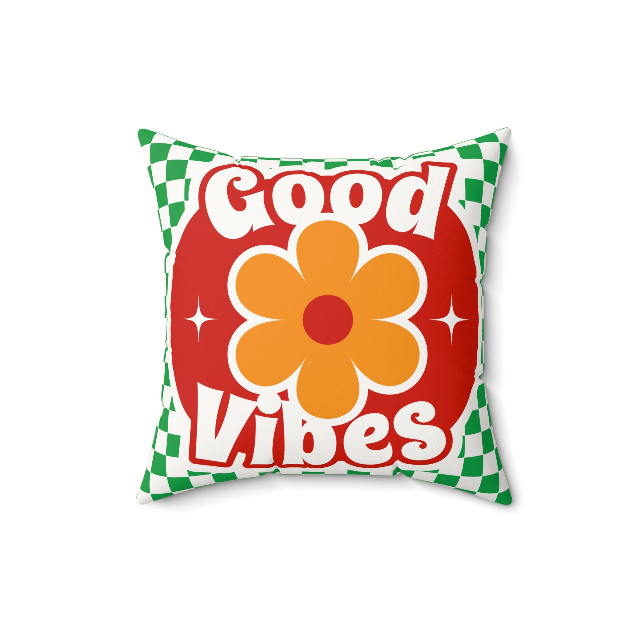 Good Vibes Floral Pillow — Retro Checkerboard Faux Suede Throw Pillow