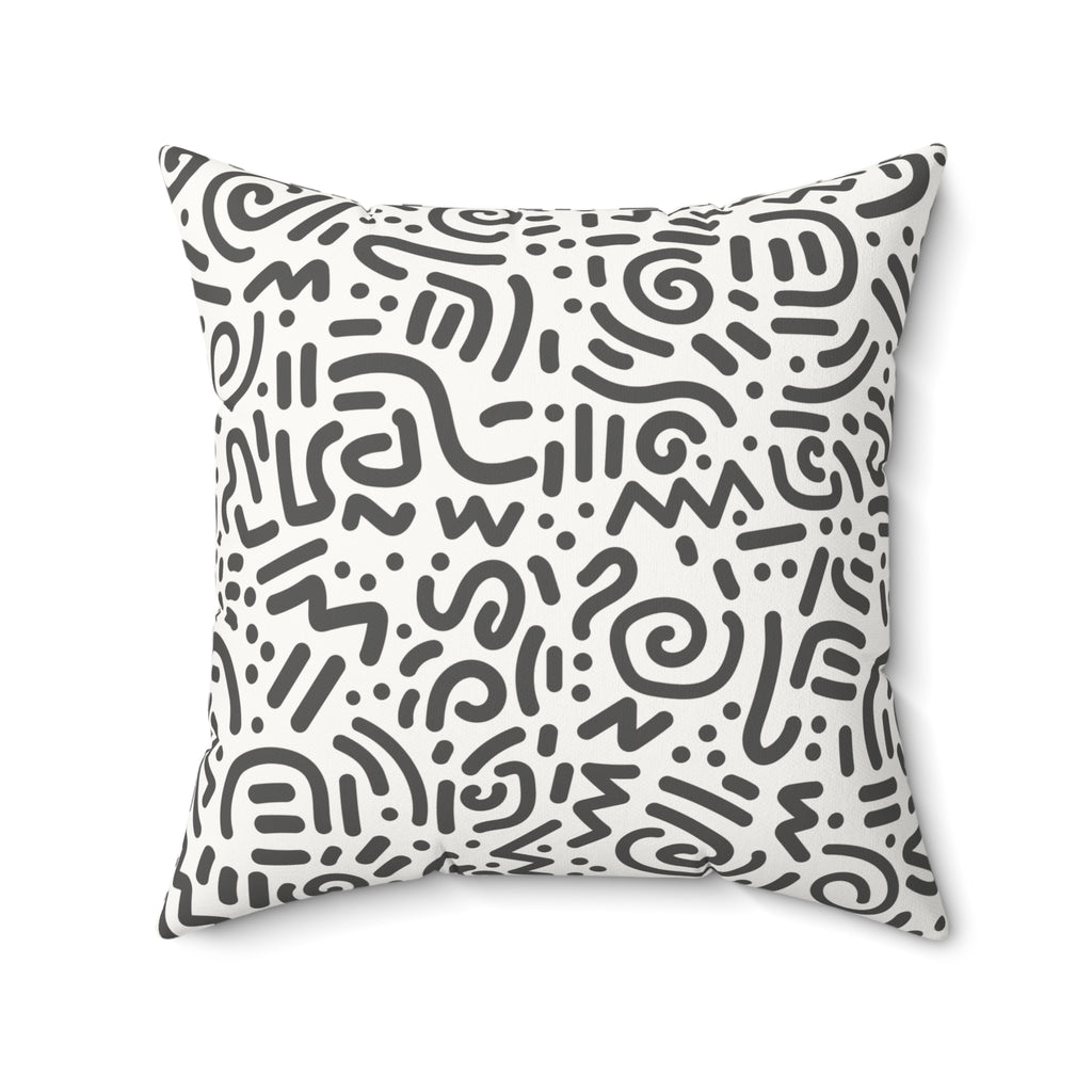 Abstract Doodle Faux Suede Pillow — GREY & White Geometric Accent Cushion