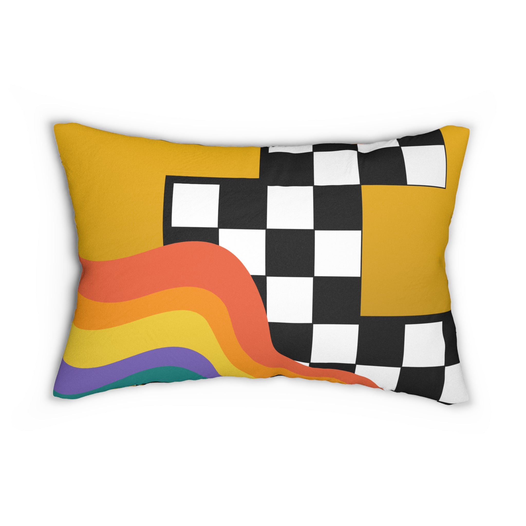 Retro Rainbow Wave Lumbar Pillow — Checkerboard Accent Cushion
