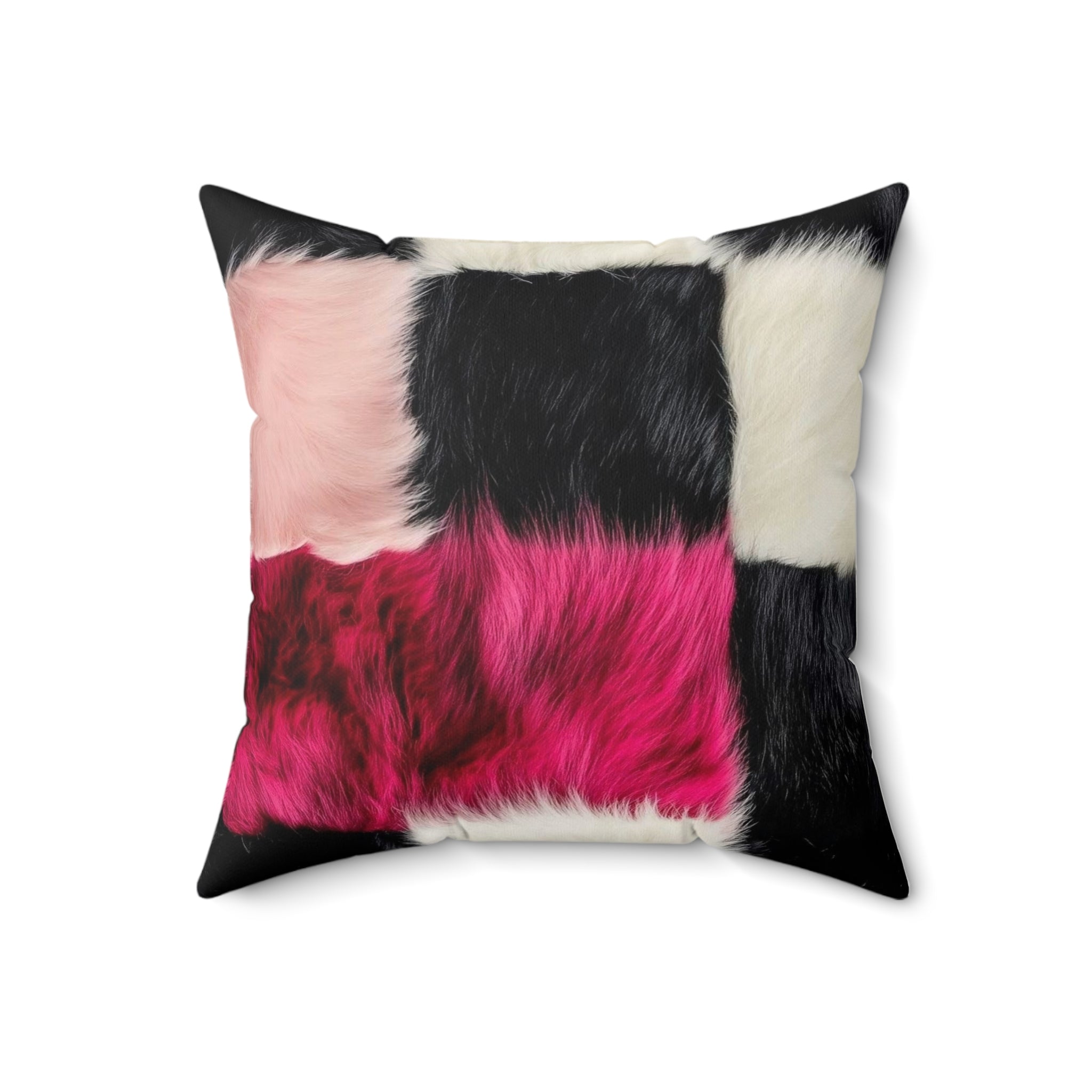 Faux Fur Patchwork Pillow — Pink Black White Decorative Throw Pillow