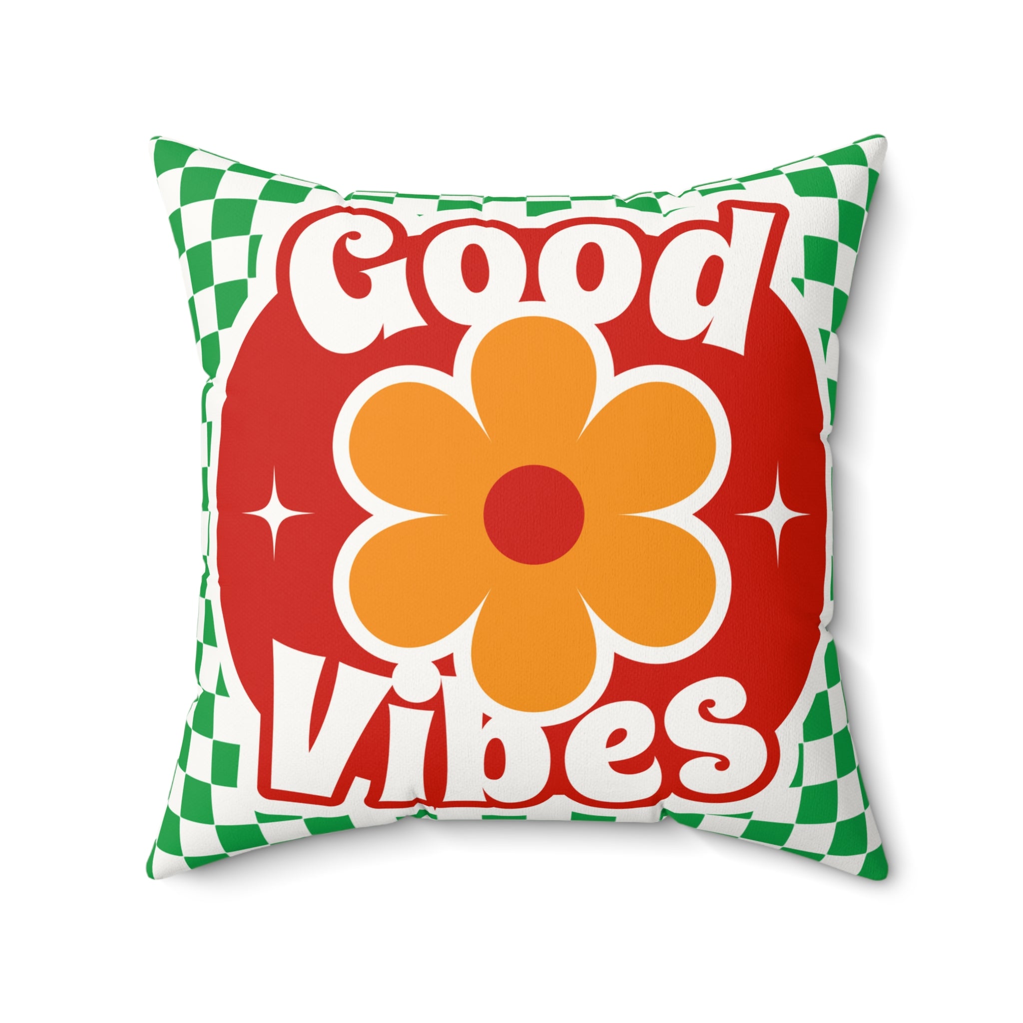 Good Vibes Floral Pillow — Retro Checkerboard Faux Suede Throw Pillow