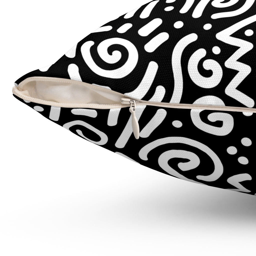 Black & White Doodle Pattern Throw Pillow — Modern Abstract Square Cushion
